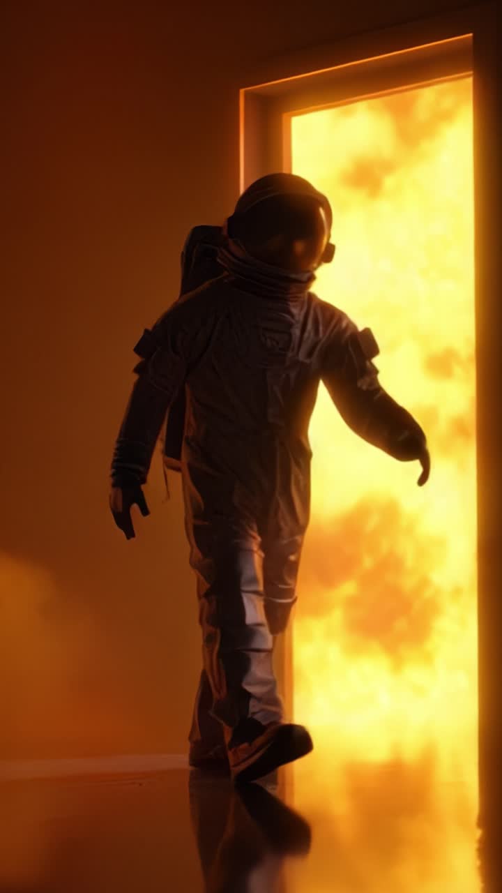 Un astronauta entra en un portal ardiente, fusionando la inmensidad del espacio con la intensa energía de las llamas, creando un dramático contraste de luz y sombra