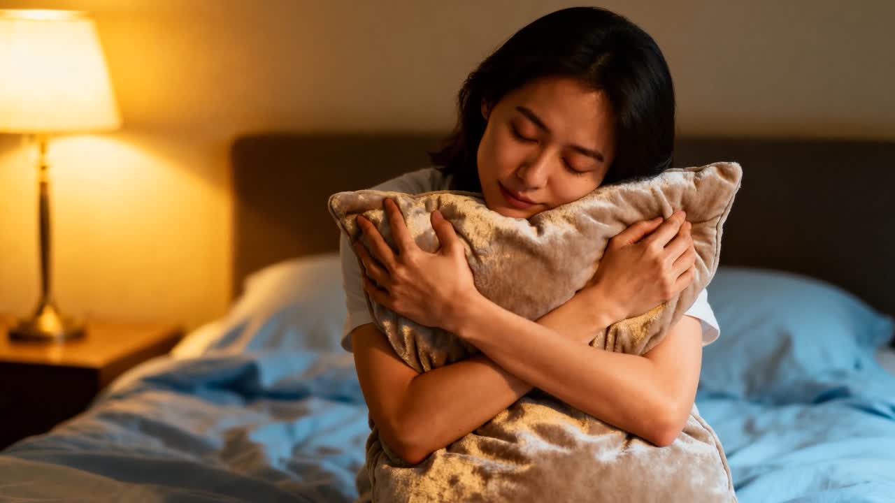 Donna asiatica in maglietta bianca che stringe l'abbraccio, con una lampada accesa sul letto, tenendo un cuscino di peluche.