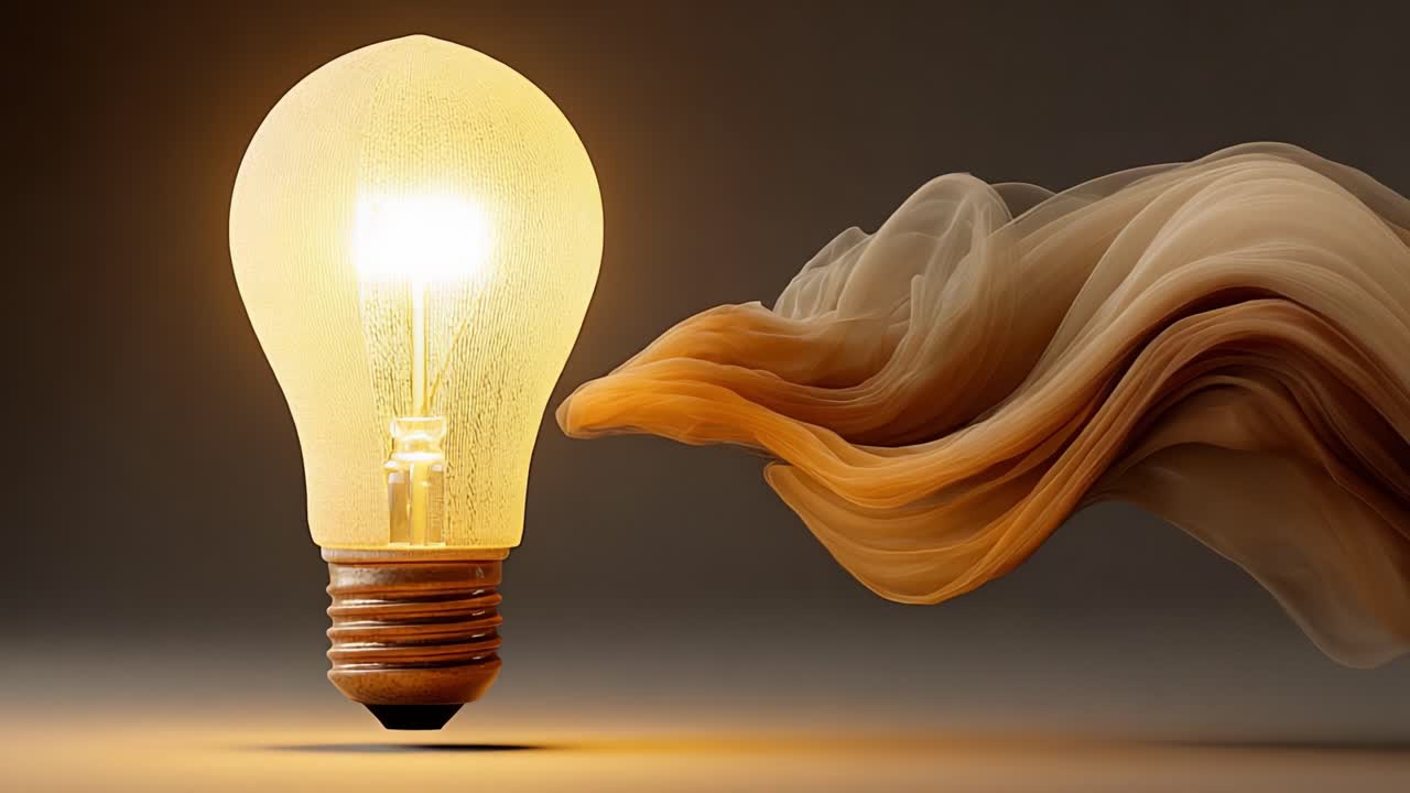 Conceptual animation showing a textured incandescent light bulb turning on, becoming brighter while a stream of ethereal, sand colored smoke elegantly flows and billows across the frame