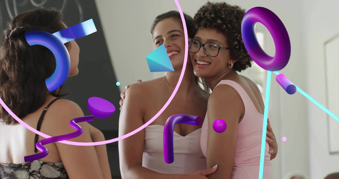 Friends opening ring box sliding ring onto finger jewelry ad animated purple-blue shapes swirling