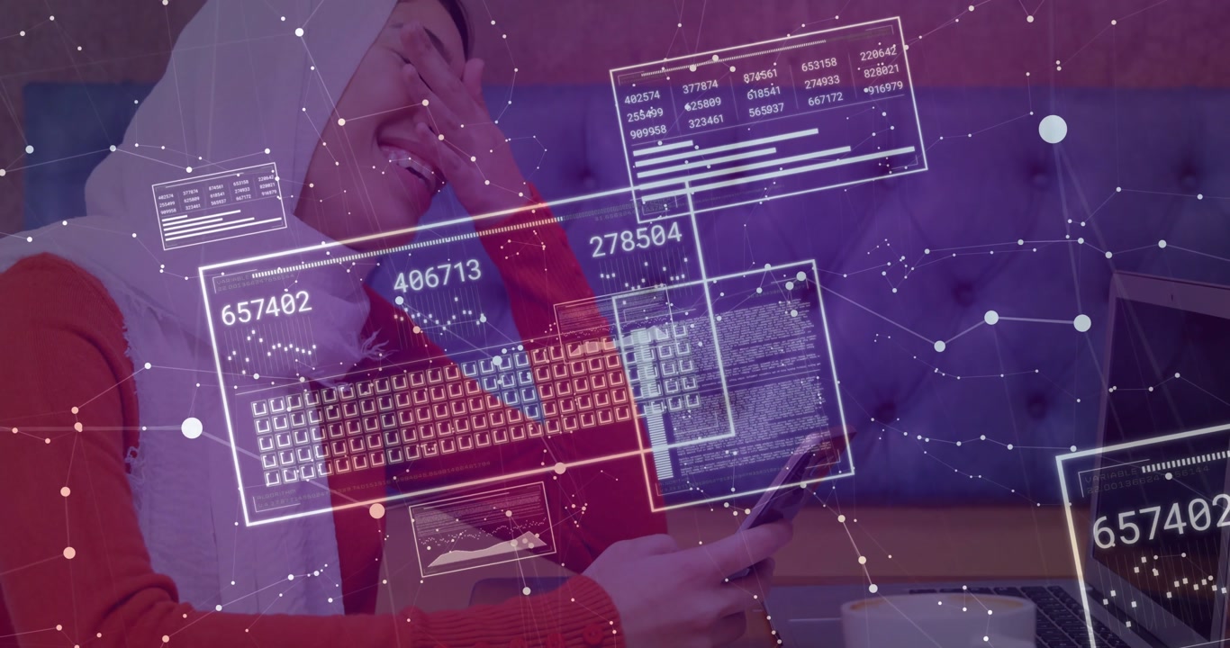 Woman lifting smartphone and scrolling to tracking live metrics with floating panels in cafe lounge