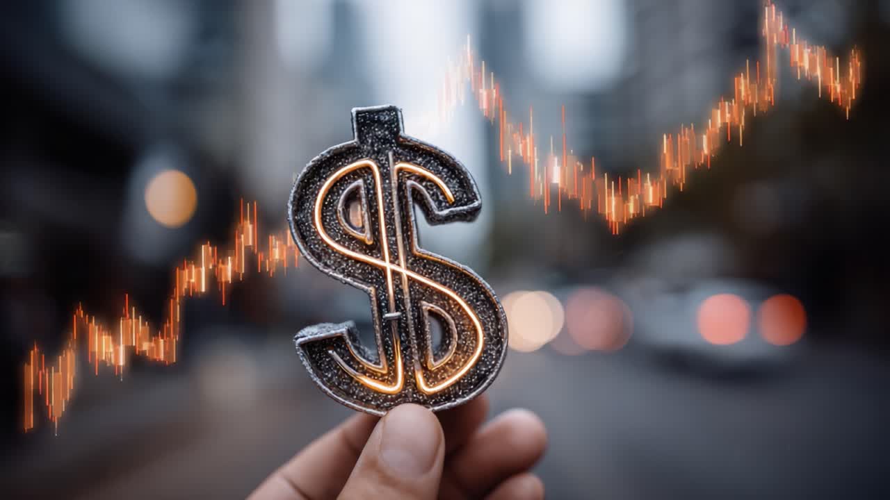 Un simbolo finanziario luminoso: un segno del dollaro in tendenza al rialzo su uno sfondo urbano sfocato, che riflette la crescita economica e le dinamiche di mercato in un contesto moderno.