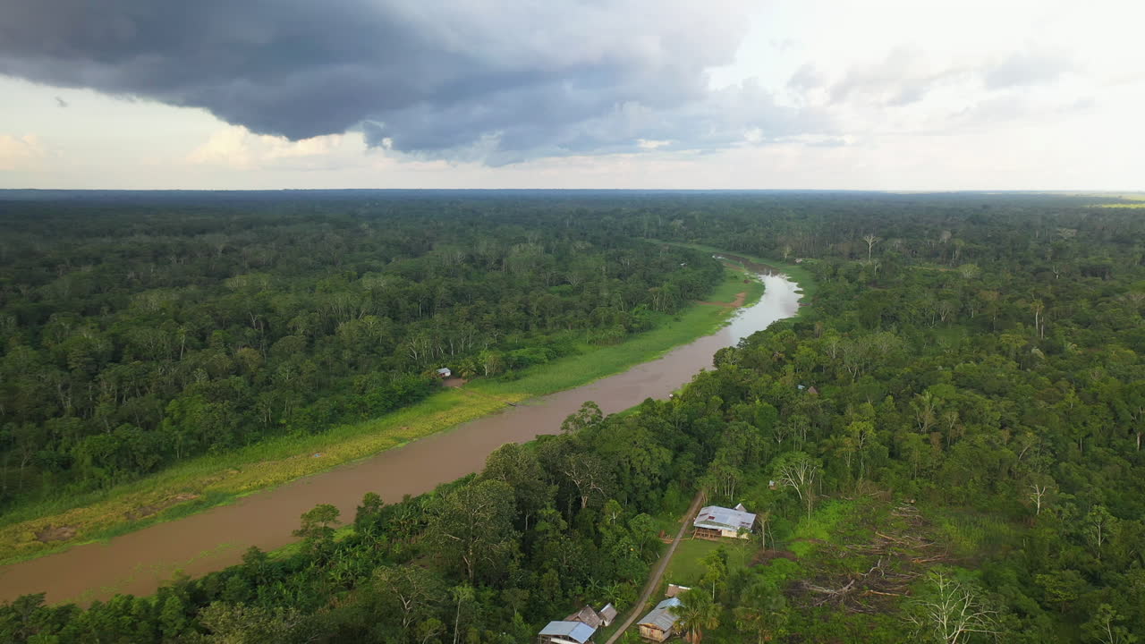 Wide drone shot of the Amazon River and rainforest with a few small buildings in the forest