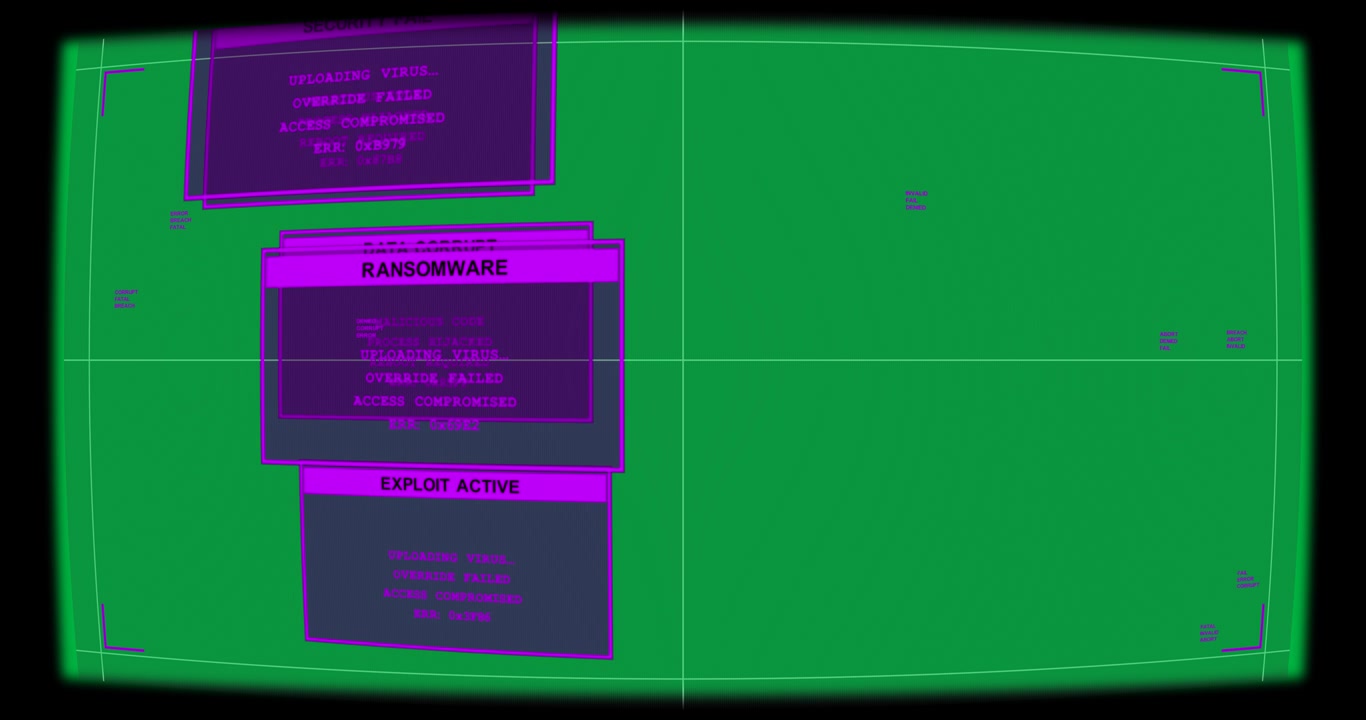 DATA CORRUPT appearing, magenta GUI sliding stacking wobbling, flagging failure on clear backdrop
