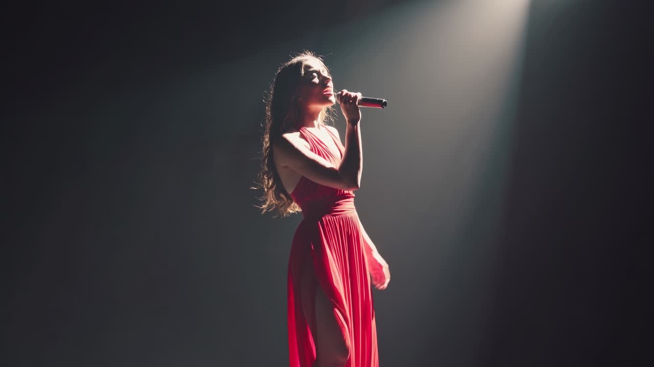 A dramatic side-angle shot of a woman in a red dress singing under a spotlight, evoking a cinematic