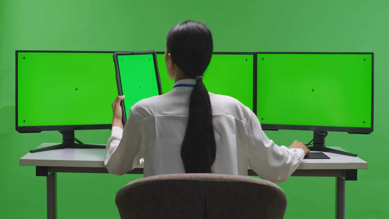 mujer trabajando en una computadora con monitores de pantalla verde y tableta