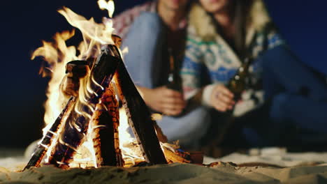 Junge-Leute,-Die-Sich-Am-Feuer-In-Den-Händen-Entspannen,-Die-Eine-Flasche-Bier-Oder-Limonade-Halten,-Das-Feuer-In-Der