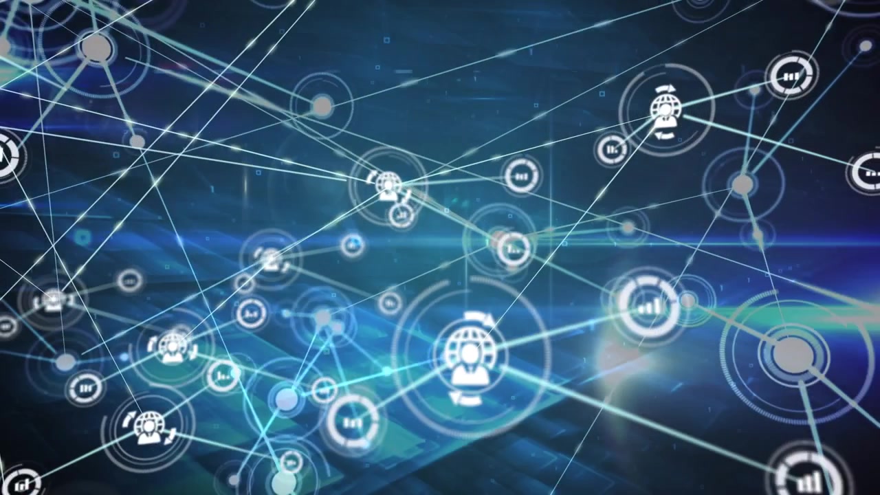 Animation of data processing and icons over blue background