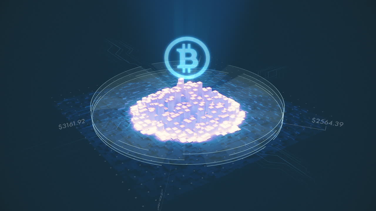 Simbolo Bitcoin luminoso su piattaforma di dati digitali con informazioni finanziarie