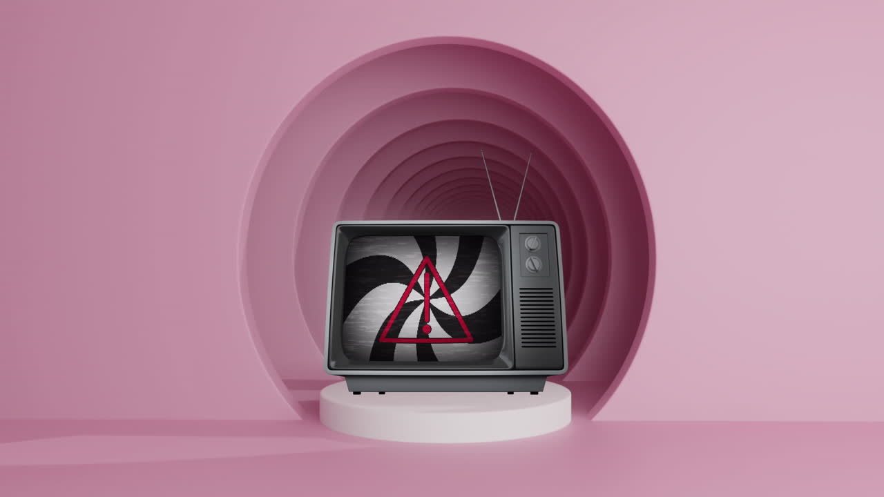 Animation of tv with warning sign over circles