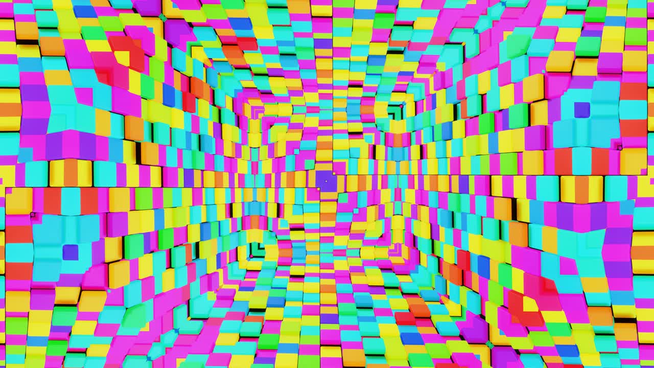 Gentagen abstrakt symmetrisk baggrund som et rum, flydende animation, 3D flerfarvede elementer. Baggrund til shows eller events, udstillinger, festivaler eller koncerter, musikvideoer, VJ-loop til natklubber