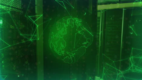 glowing green globe and network connections animation over server racks