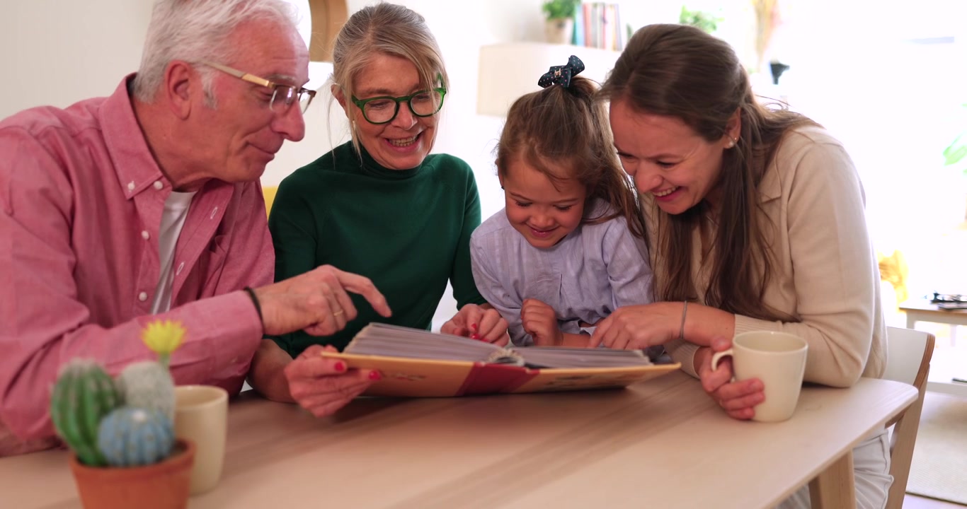 Multi-generational family looking at a photo album together at home