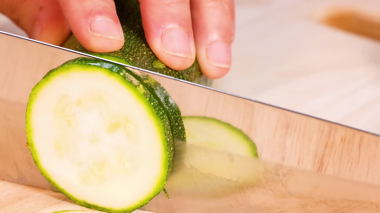 Close-up of zucchini slices being cut with a knife on a wooden board.