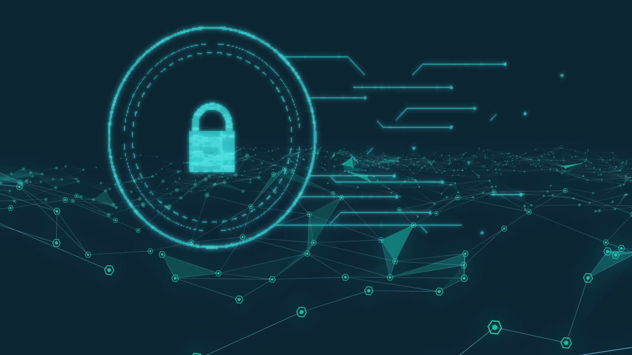 Animation of flickering online security padlock over network of connections