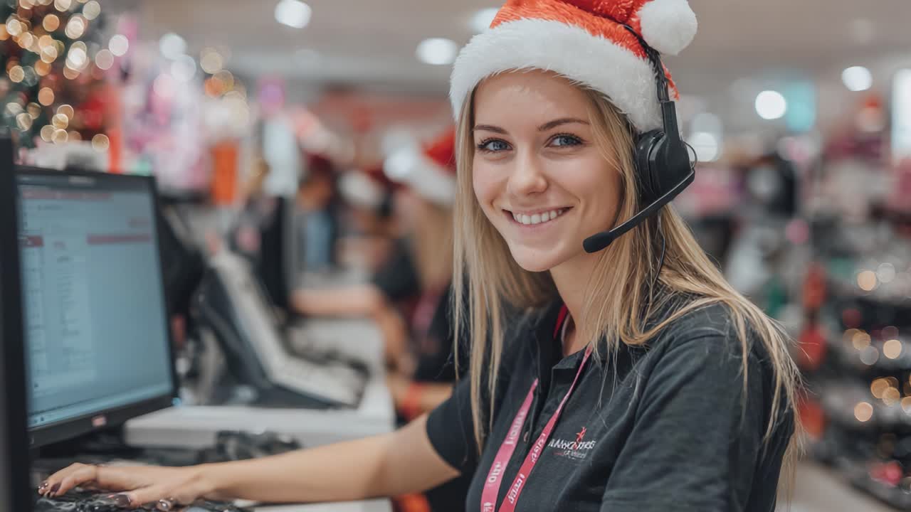 Cheerful Customer Service Representative in Santa Hat Engaged in Holiday Shopping Assistance with a Warm Smile and Holiday Decorations in Background