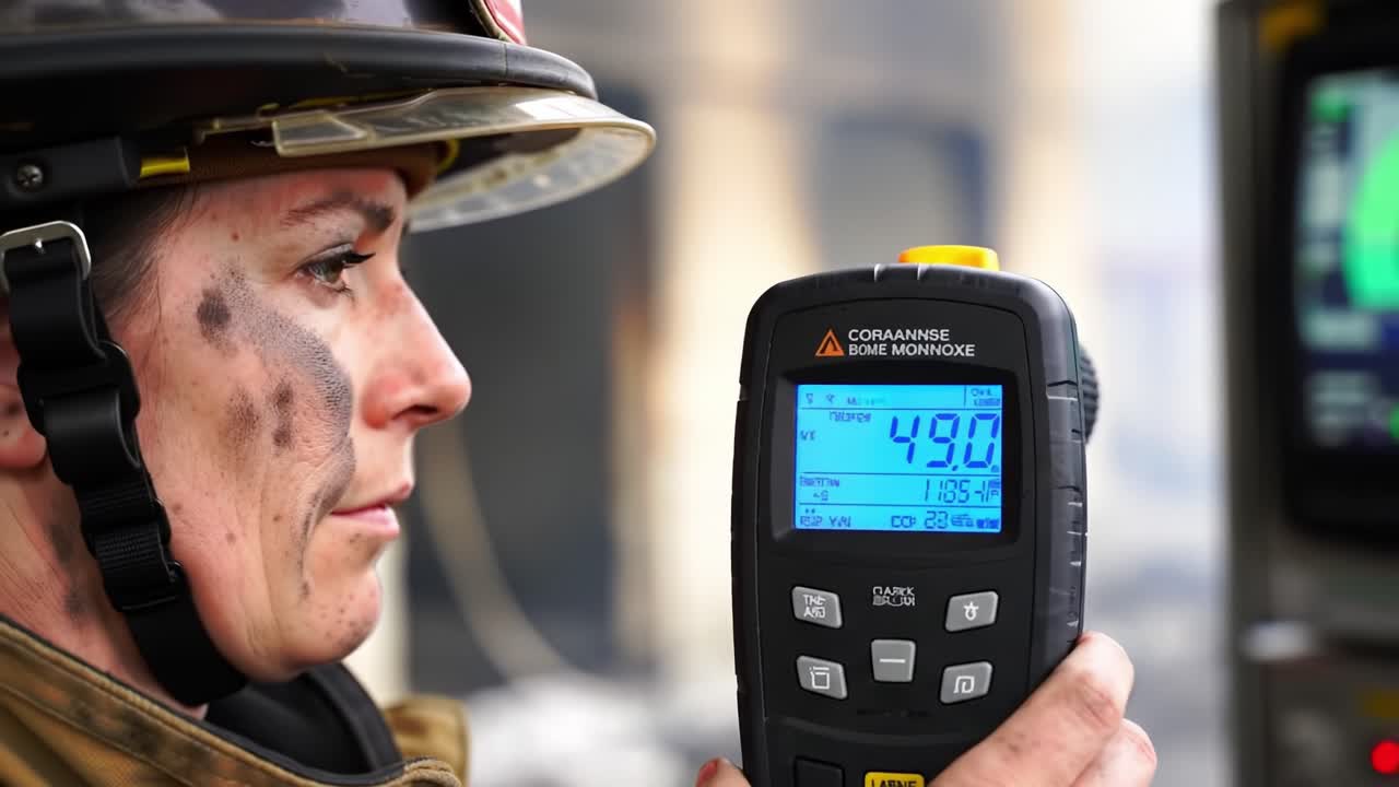 Firefighter Monitoring Temperature with Precision Equipment During Critical Operations to Ensure Safety and Assess Conditions in Hazardous Environments