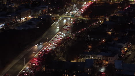 aerial view of a traffic jam in brooklyn at night.