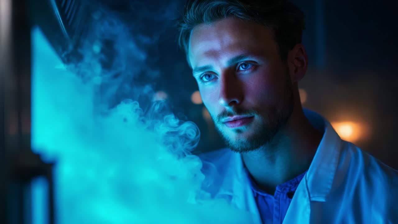 A Focused Scientist Examining Innovations in a Laboratory, Surrounded by Ethereal Blue Mist and Captivating Smoke, Reflecting a Dedication to Science and Experimentation in a High-Tech Environment