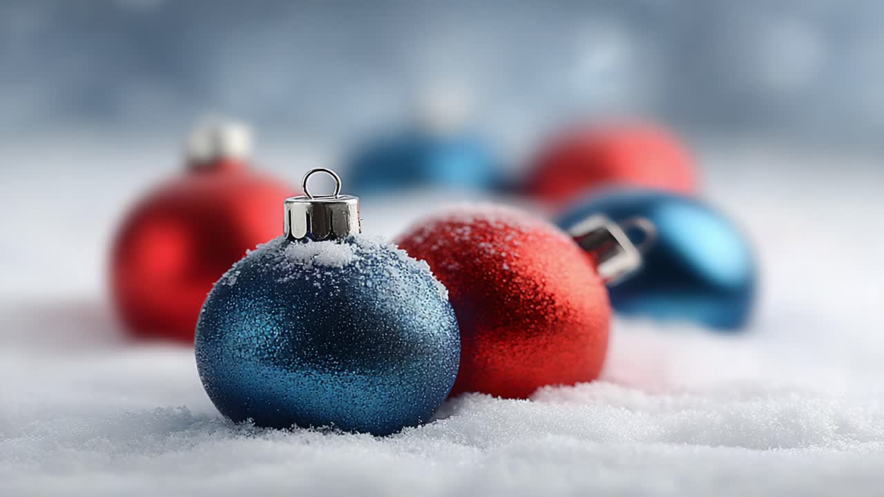 A Beautiful Display of Red and Blue Christmas Ornaments on a Fresh Layer of Snow, Creating a Festive and Cozy Winter Atmosphere Perfect for the Holiday Season