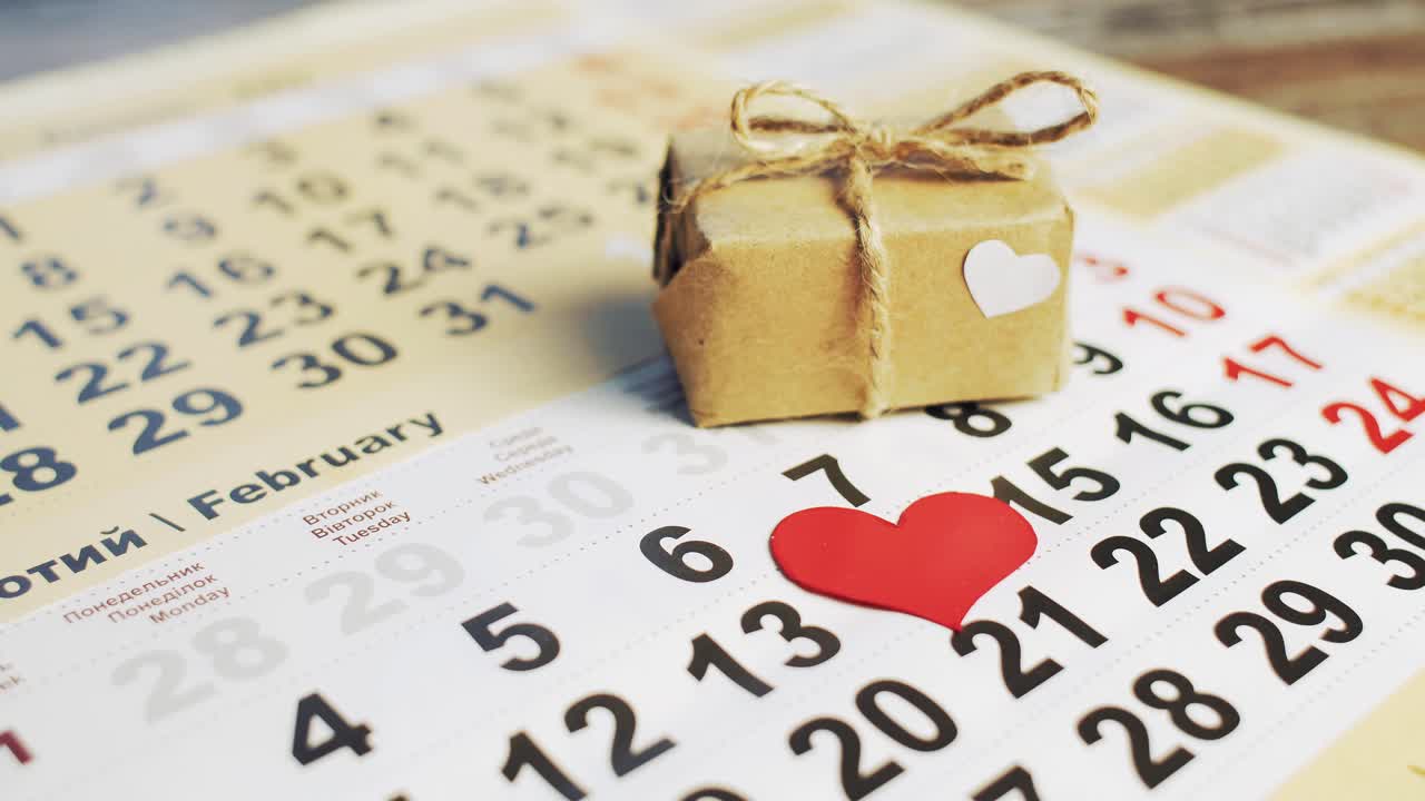 hand puts red paper heart on the number 14 on a calendar and small gift with a bow. Love holiday