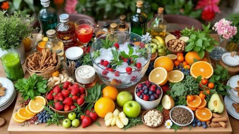 colorful assortment of fresh produce, nuts, beverages displayed on wooden surface, showcasing nutritious catering spread for wellness focused gathering