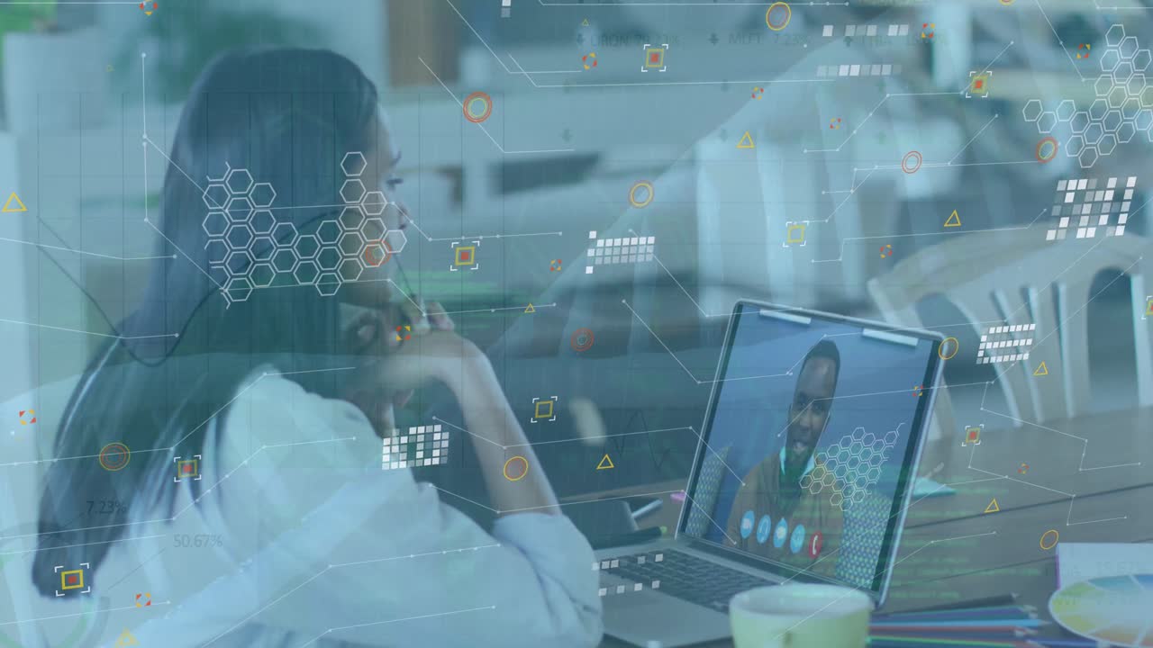 Animation of icons and dna over biracial woman having video call on laptop