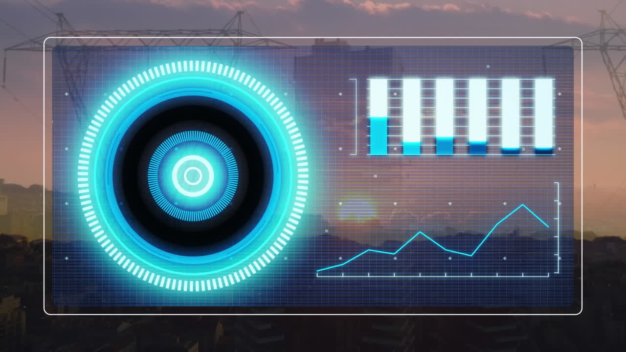 Animation of data on digital screen over electricity poles at sunset