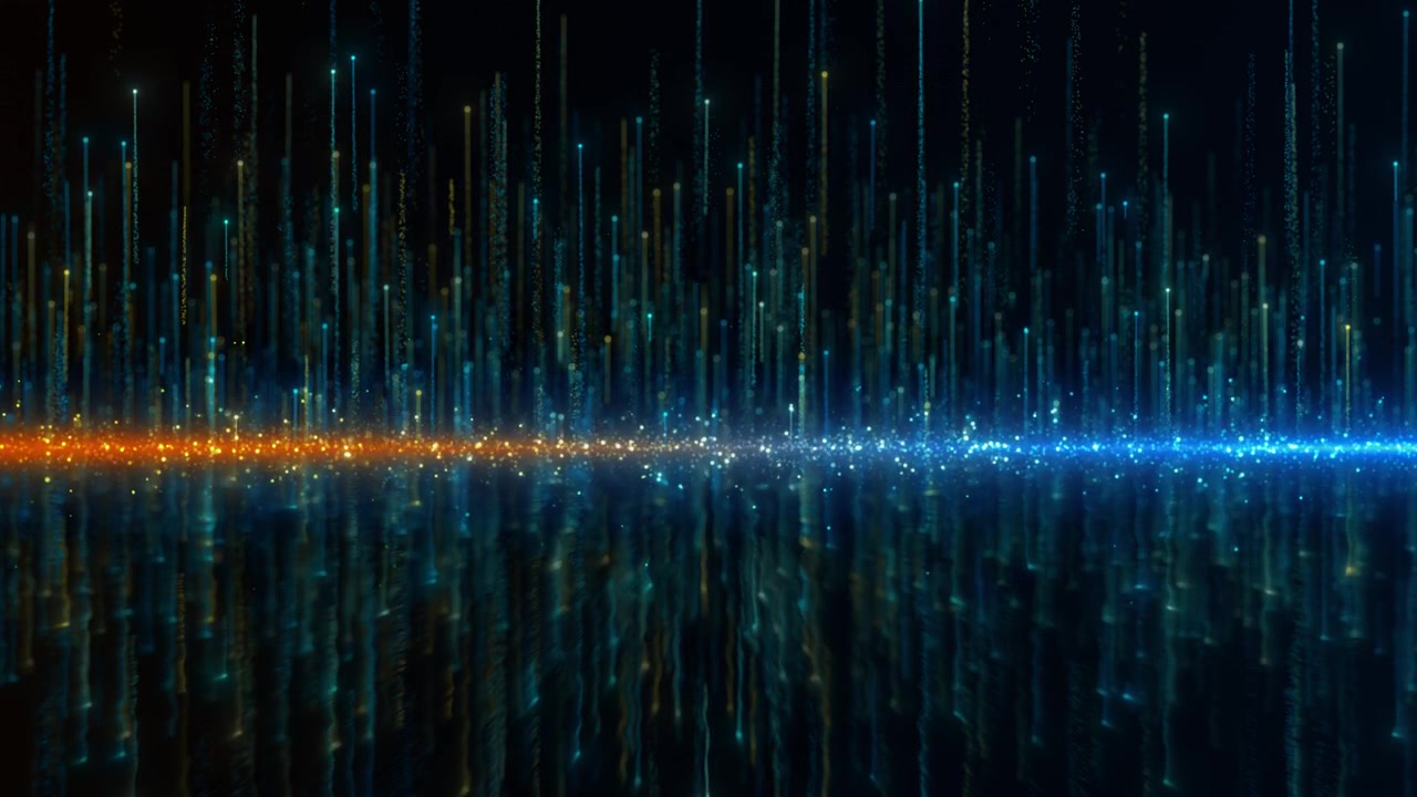 Glowing data city light visual blue gold vertical streams floor cinematic particle horizon