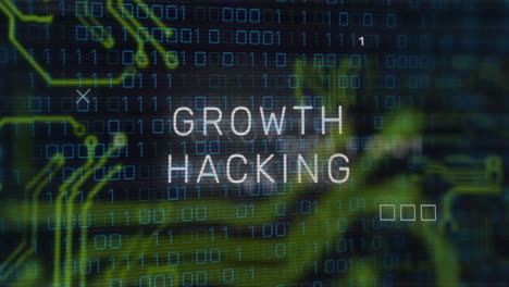 growth hacking text animation over binary code and digital circuit background