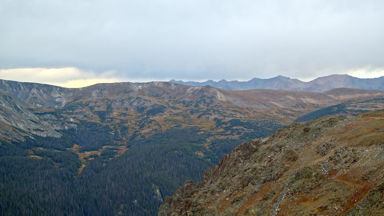 Static shot looking over the rocky mountains