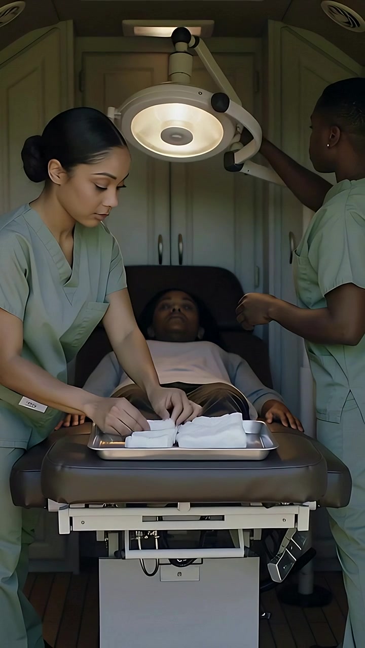 Vertical video: Two staff in green scrubs stacking gauze in tray at clinic, adjusting lamp for care