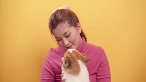 Asian-woman-playing-with-chihuahua-mix-pomeranian-dogs-for-relaxation-on-bright-yellow-background-2