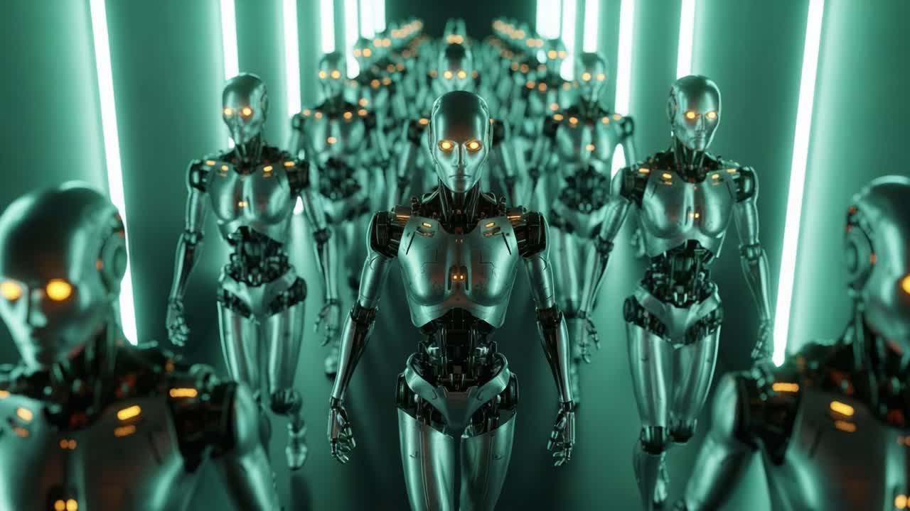 A Futuristic Assembly of Advanced Robots, Illuminated by Neon Lights, Marching in Perfect Harmony Through a High-Tech Corridor, Showcasing Cutting-Edge Robotics Technology.