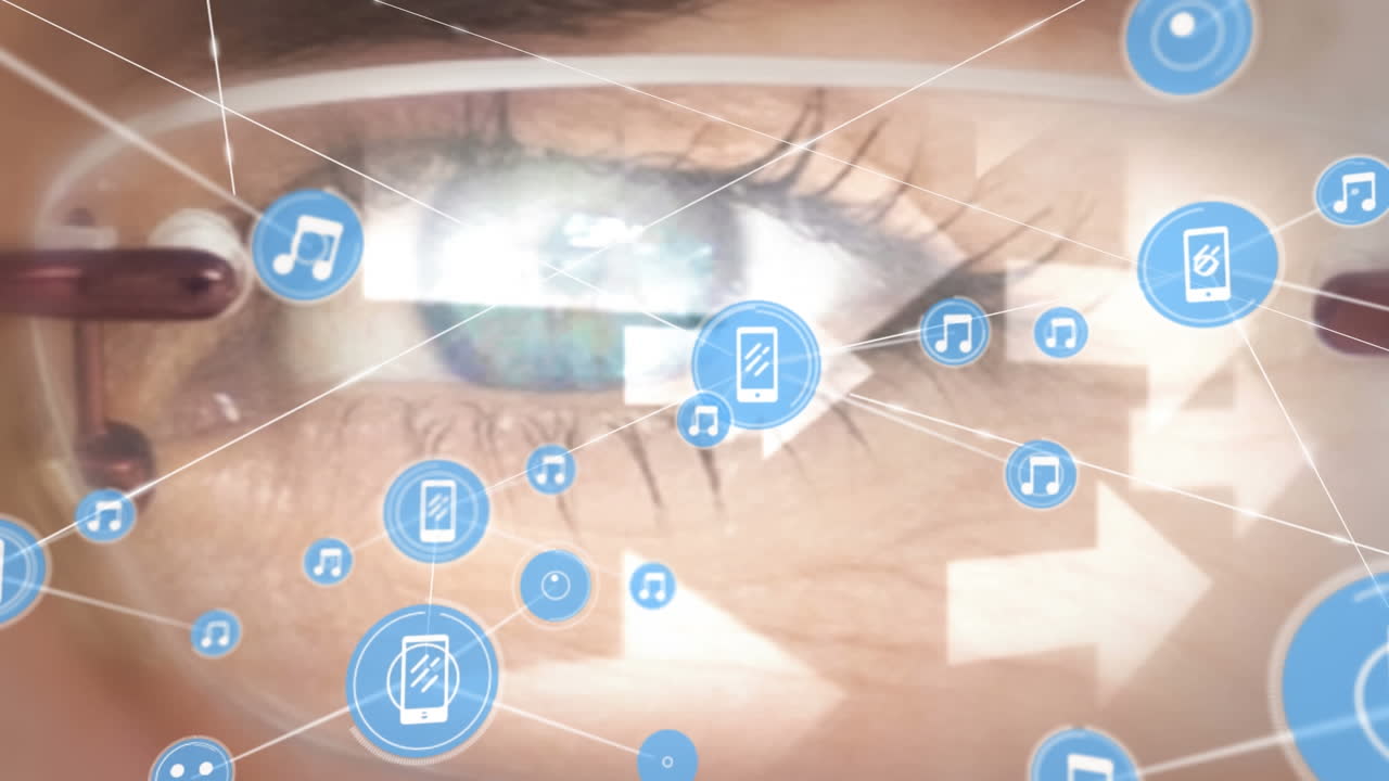 animación de una red de conexiones con iconos y flechas sobre el ojo de una mujer caucásica