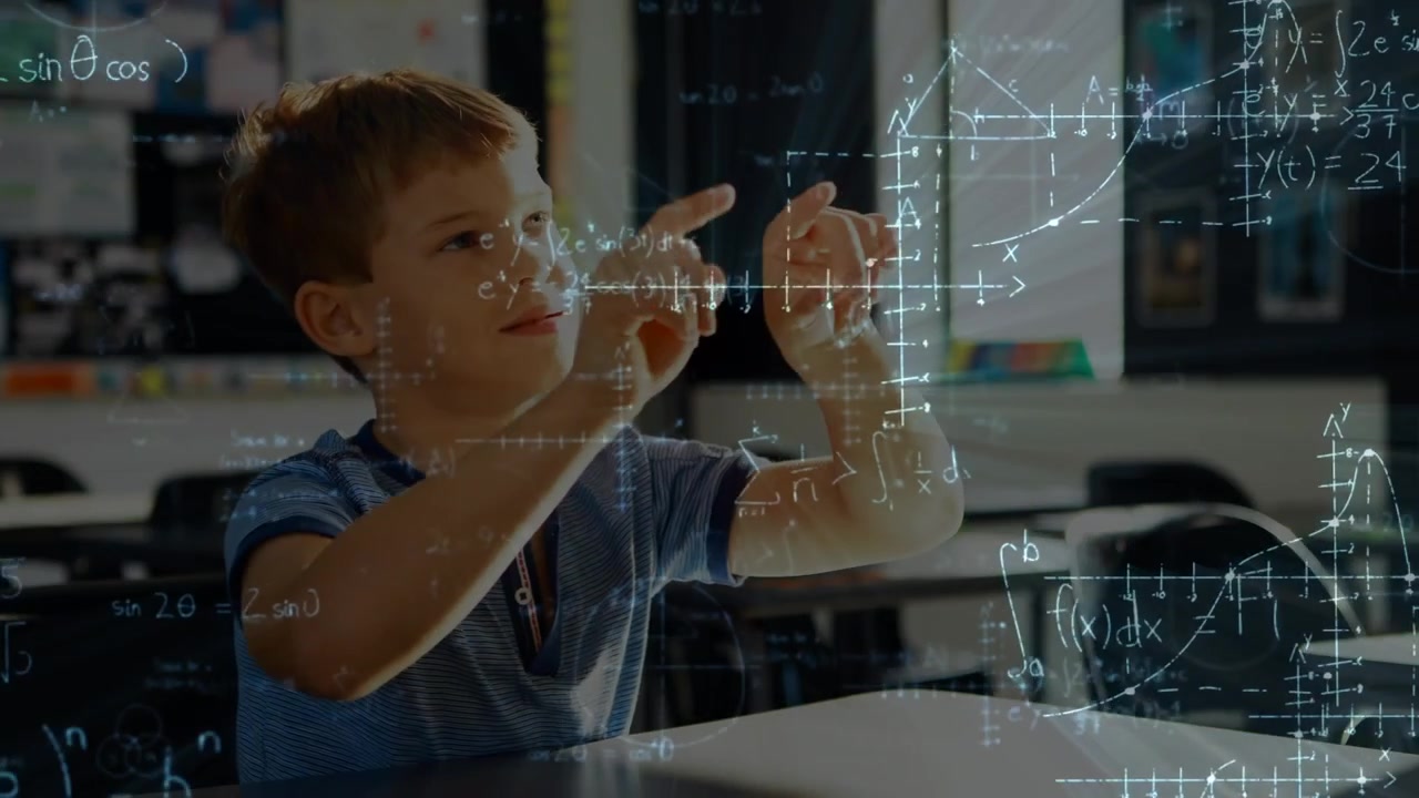 Animation of mathematical equations over caucasian schoolboy in classroom