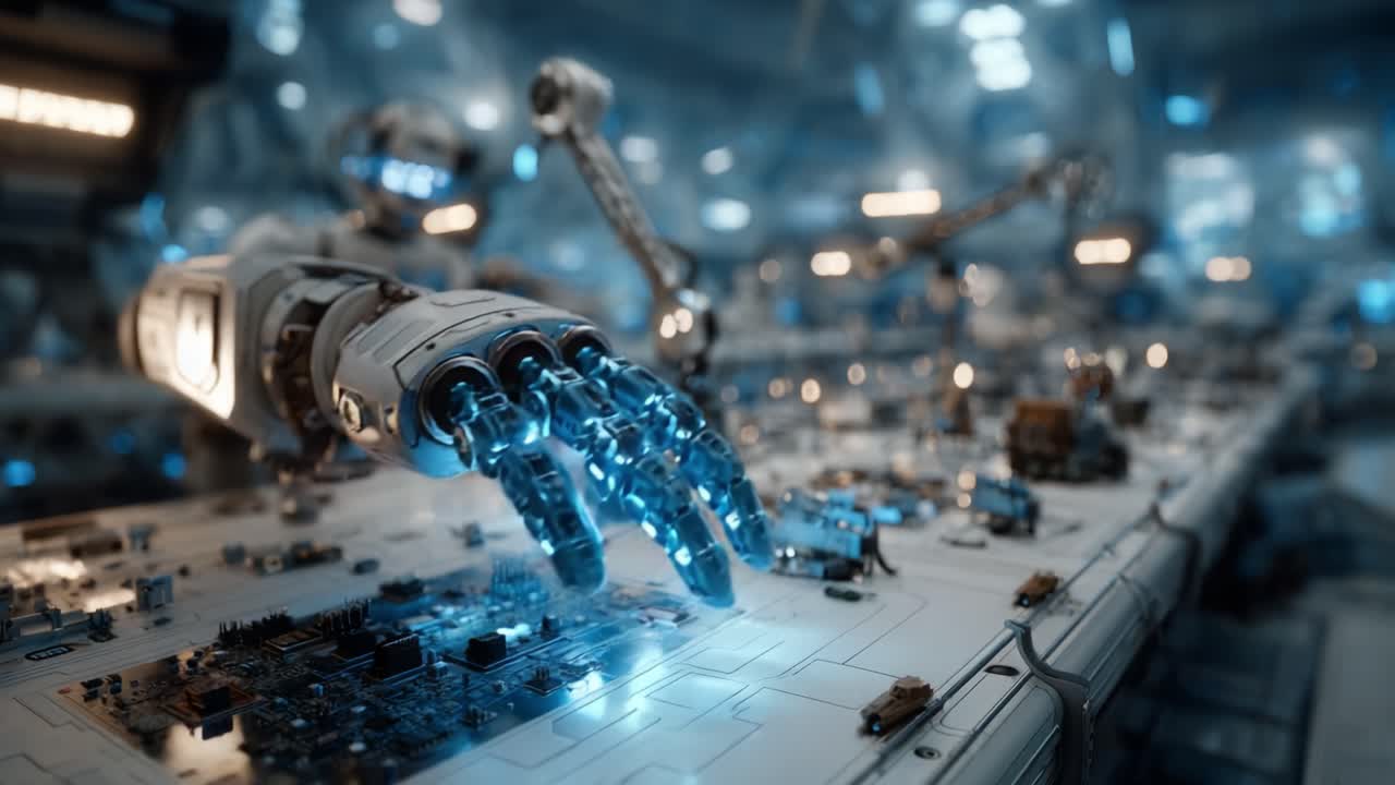 Futuristic Robotics Assembly: A Close-Up View of an Advanced Mechanical Hand Engaging with Complex Technology in a High-Tech Environment