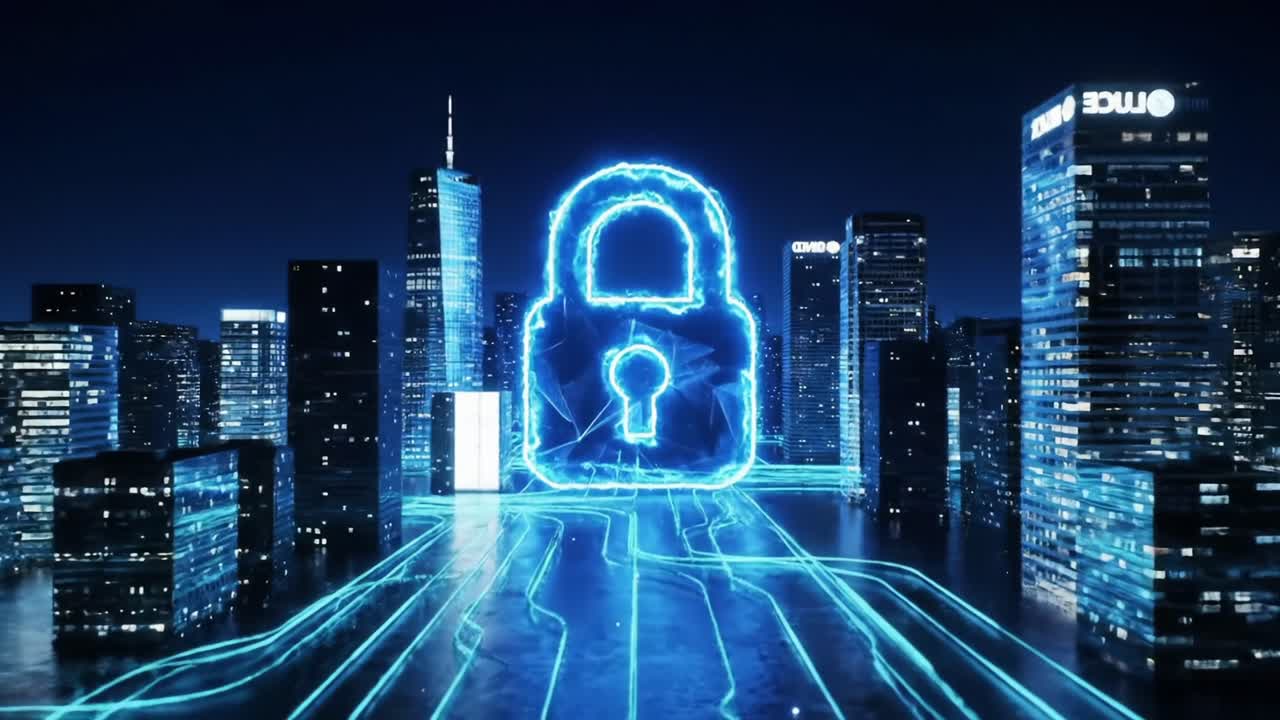 A Glowing Digital Padlock Emerges Amid a Dazzling Cityscape, Symbolizing Security and Protection in the Cyber World with Futuristic Lighting and Vibrant Colors