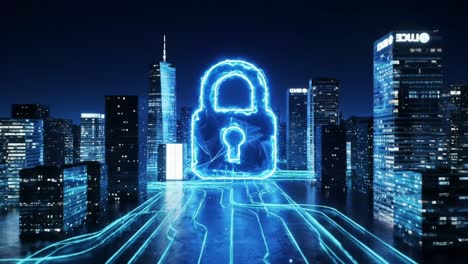 a glowing digital padlock emerges amid a dazzling cityscape, symbolizing security and protection in the cyber world with futuristic lighting and vibrant colors