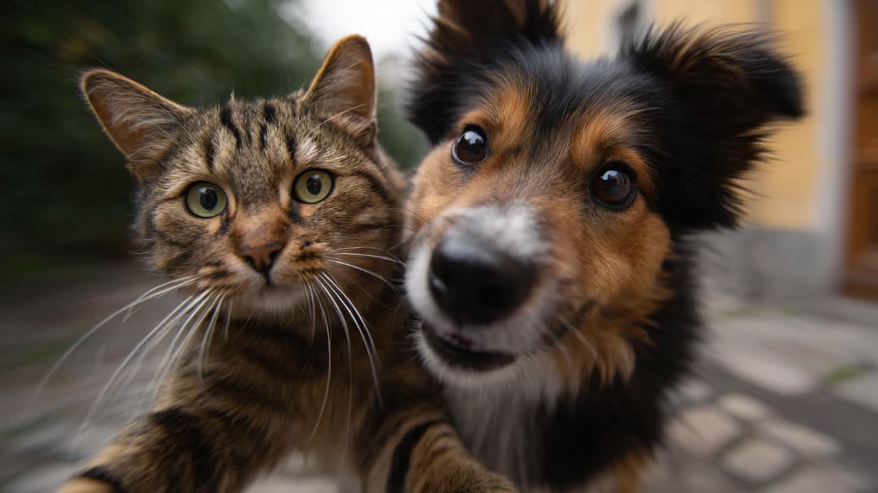 Gato e cachorro adoráveis capturados juntos em um close-up fantástico, mostrando suas expressões únicas e o vínculo lúdico em um cenário encantador ao ar livre
