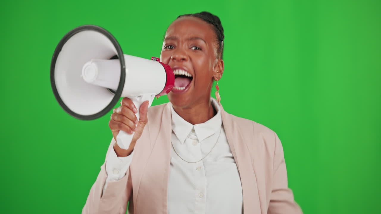 Face, attention and black woman with megaphone