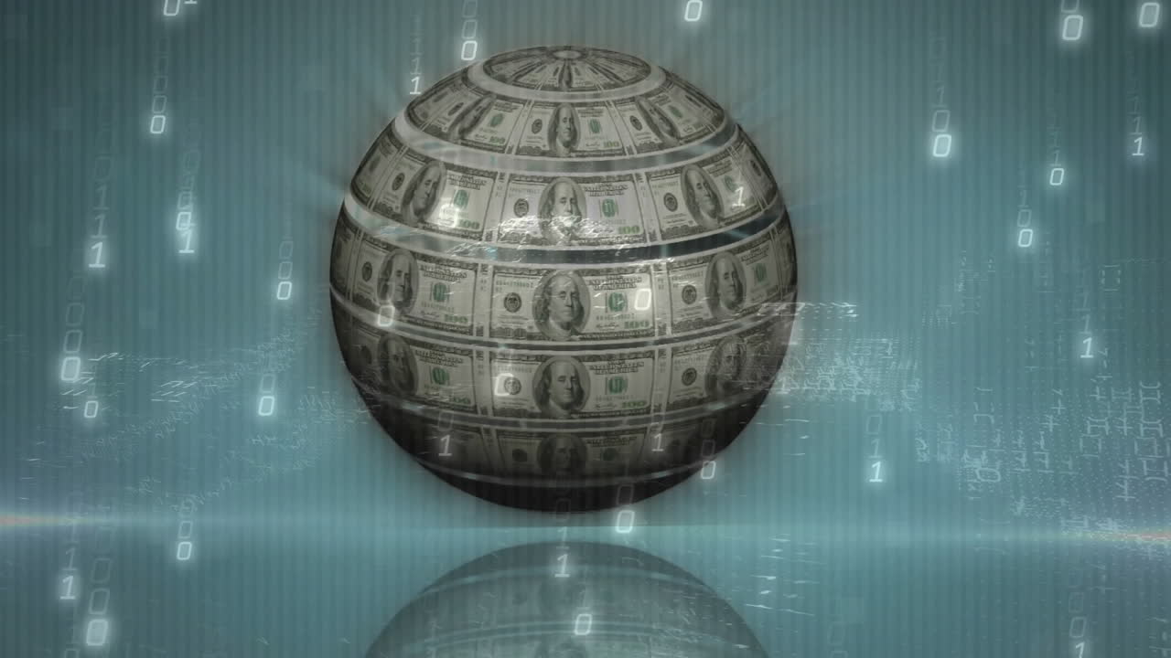 Animation of dollar bill sphere with binary code and digital patterns in background