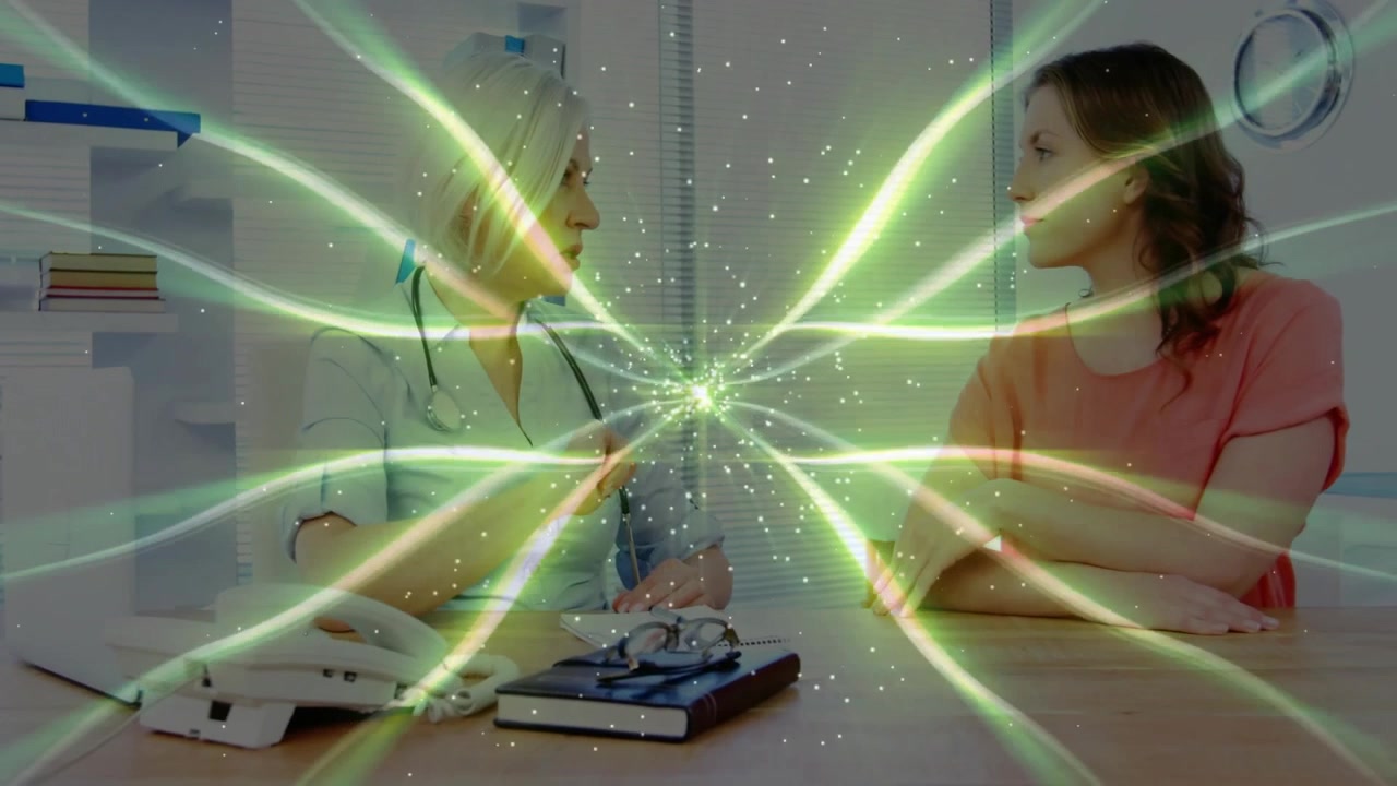 Doctor placing hand on chest explaining diagnosis for patient insight, generating green aura