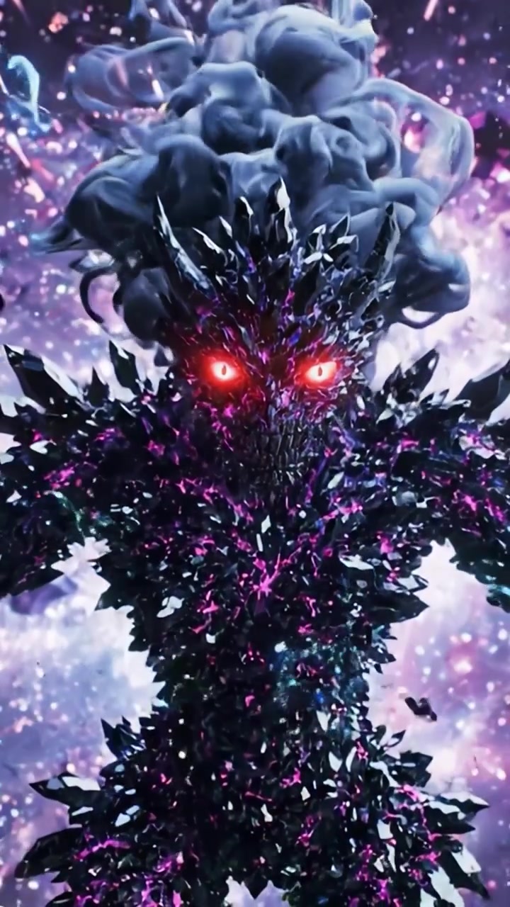 A mesmerizing, crystal-like creature with glowing red eyes emerges from the shadows, exuding an aura of power and mystery, captivating the essence of otherworldly dark energy.