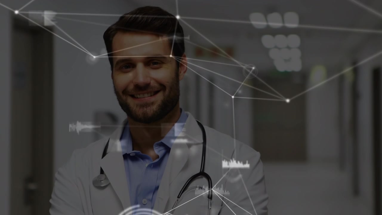 Animazione di una rete di connessioni su un uomo d'affari che indossa una cuffia telefonica