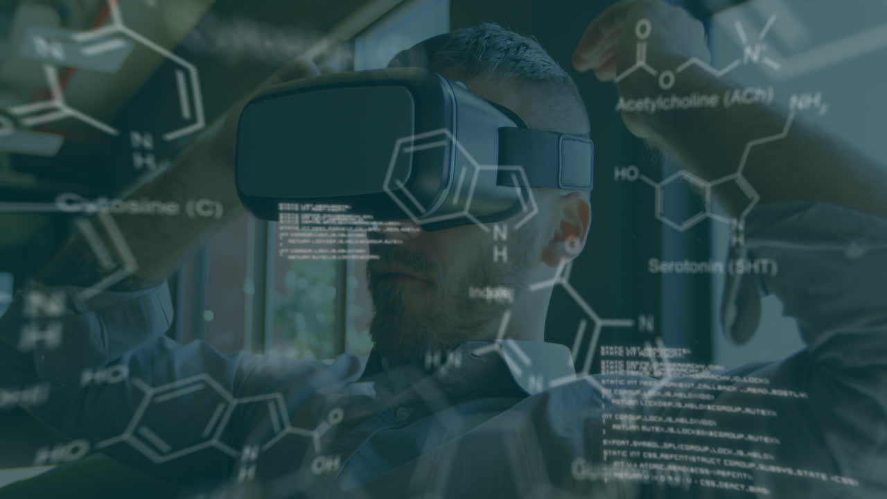 Animation of scientific data over caucasian man wearing vr headset in office