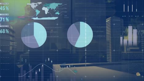 animation of statistical data processing against view of tall buildings