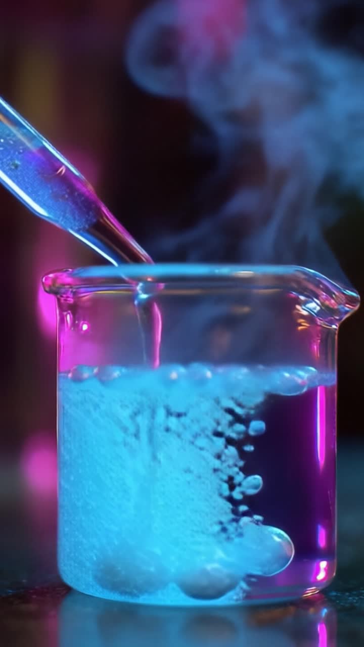 Esperimento di chimica vibrante: un primo piano di liquido che bolle in un becher con vapore colorato che sale, che mostra le reazioni affascinanti in un laboratorio scientifico.