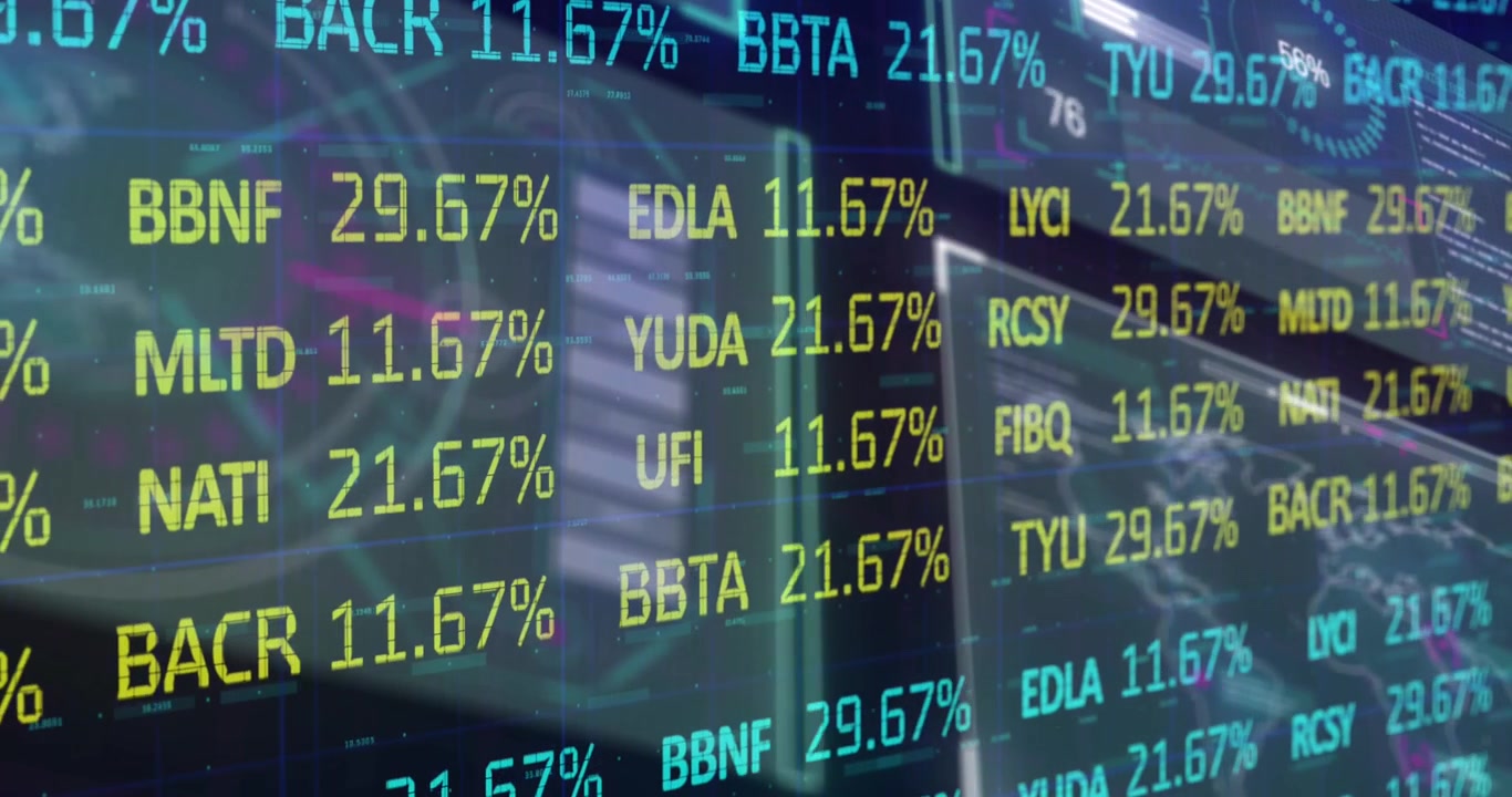 Animation of digital screen with financial data and graphs