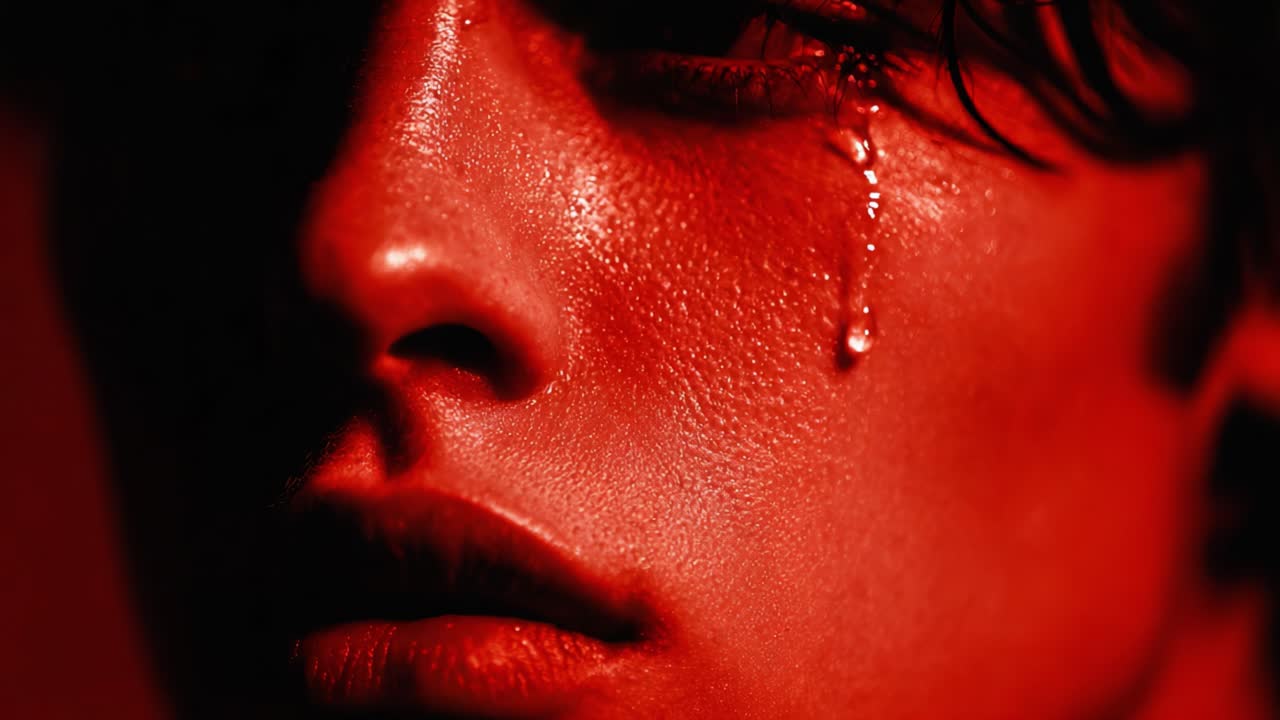 An Intense Close-up of a Face with a Single Tear Highlighting Emotional Struggle in a Dramatic Red Light Setting